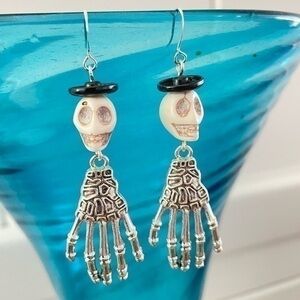 2/$29 Handmade Skeleton Hand White Skull Statement Earrings 3” Long Punk